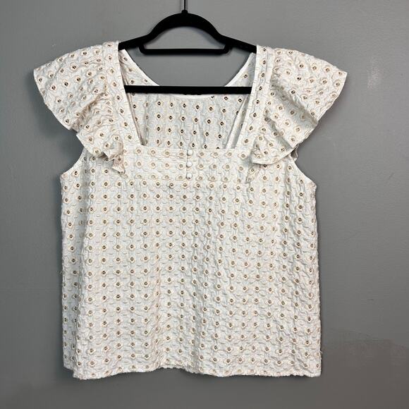 Sezane Top Forta Blouse XXL / Size 12 Sleeveless Ruffle Blouse Eyelet Cotton - Picture 6 of 12